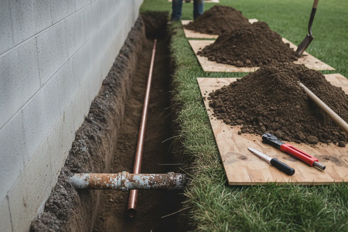 Excavated water line trench during Sewer Line Repair in Loma Mar